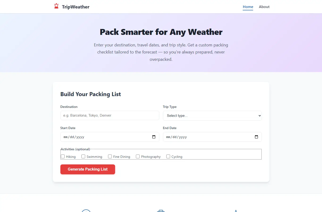 Screenshot of Trip Weather Packing Guide interface showing the project page in use